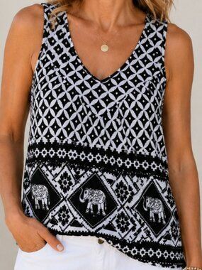 Unbranded Women’s Sleeveless Swing Tank Top black white elephant cotton gauze OS